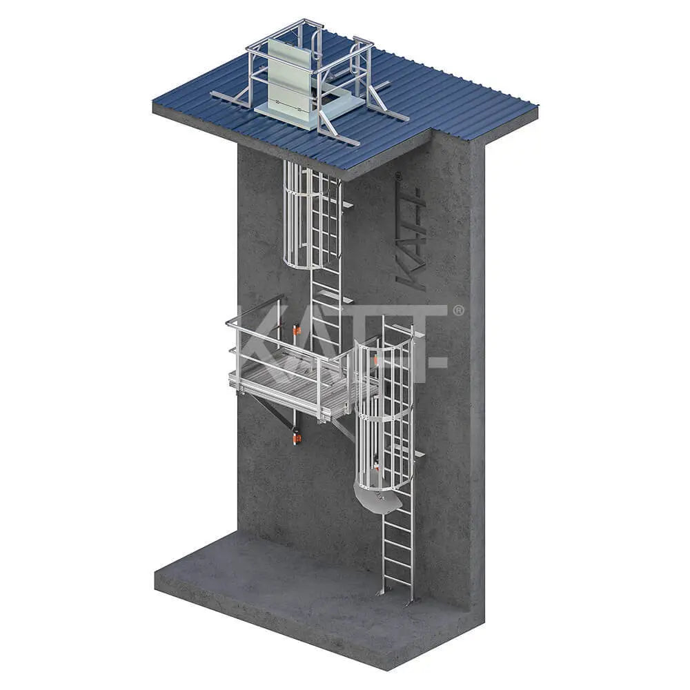 Vertical Cage Ladder with Midway Landing Platform - Internal Access Katt
