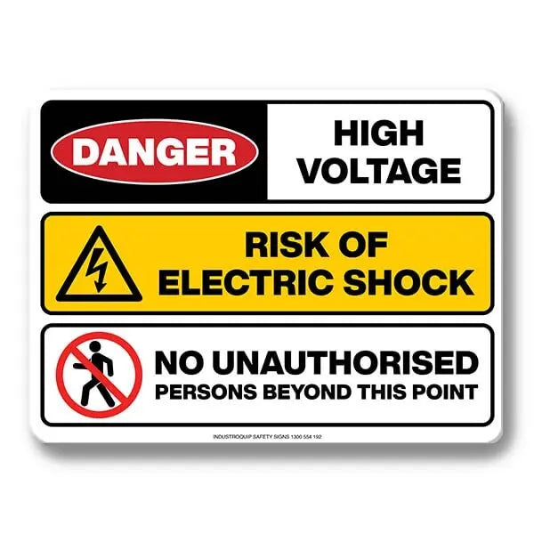 Multi Safety Sign - Danger High Voltage / Risk of Electric Shock / No Unauthorised Persons Beyond This Point Industroquip