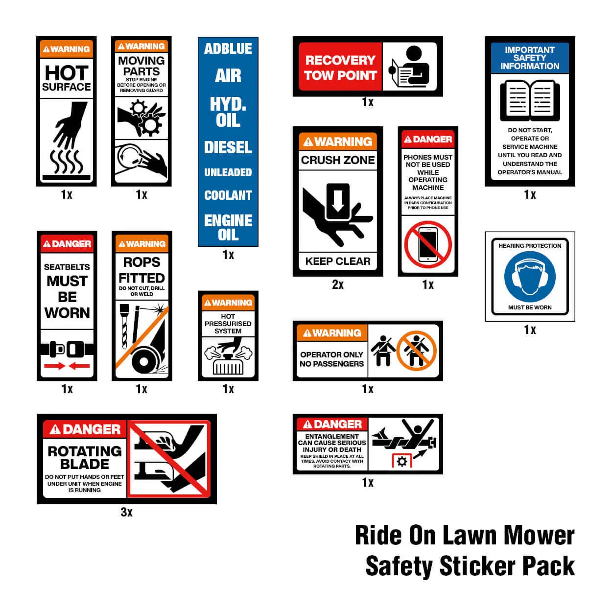 Ride On Lawn Mower Safety Sticker Pack Industroquip