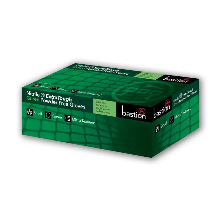 Bastion® Nitrile ExtraTough Green Powder Free Gloves - Pack of 100 Bastion