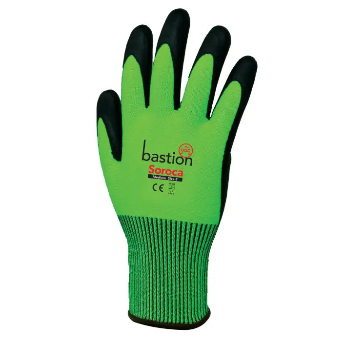 Bastion Soroca™ High Viz Green HPPE Gloves Black Micro Foam Nitrile Palm Coating - Cut Level 5 Industro