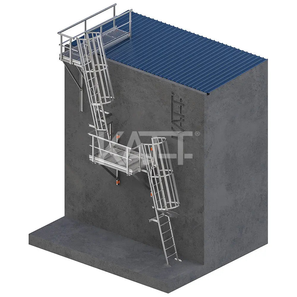 Angled Cage Ladder with Midway and Top Landing Platform Katt