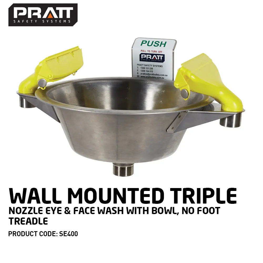 Pratt™ Wall Mounted Triple Nozzle Eye & Face Wash With Bowl. No Foot Treadle Industro