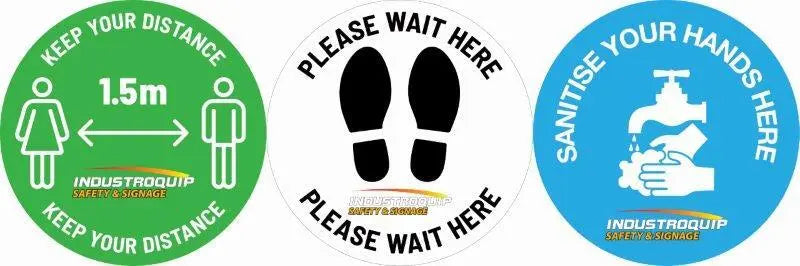 Social Distancing & Sanitise Here Floor Marker Sticker Pack Industroquip