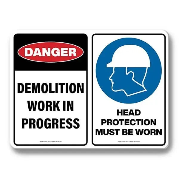 Multi Safety Sign - Danger Demolition Work In Progress / Head Protection Must Be Worn Industroquip